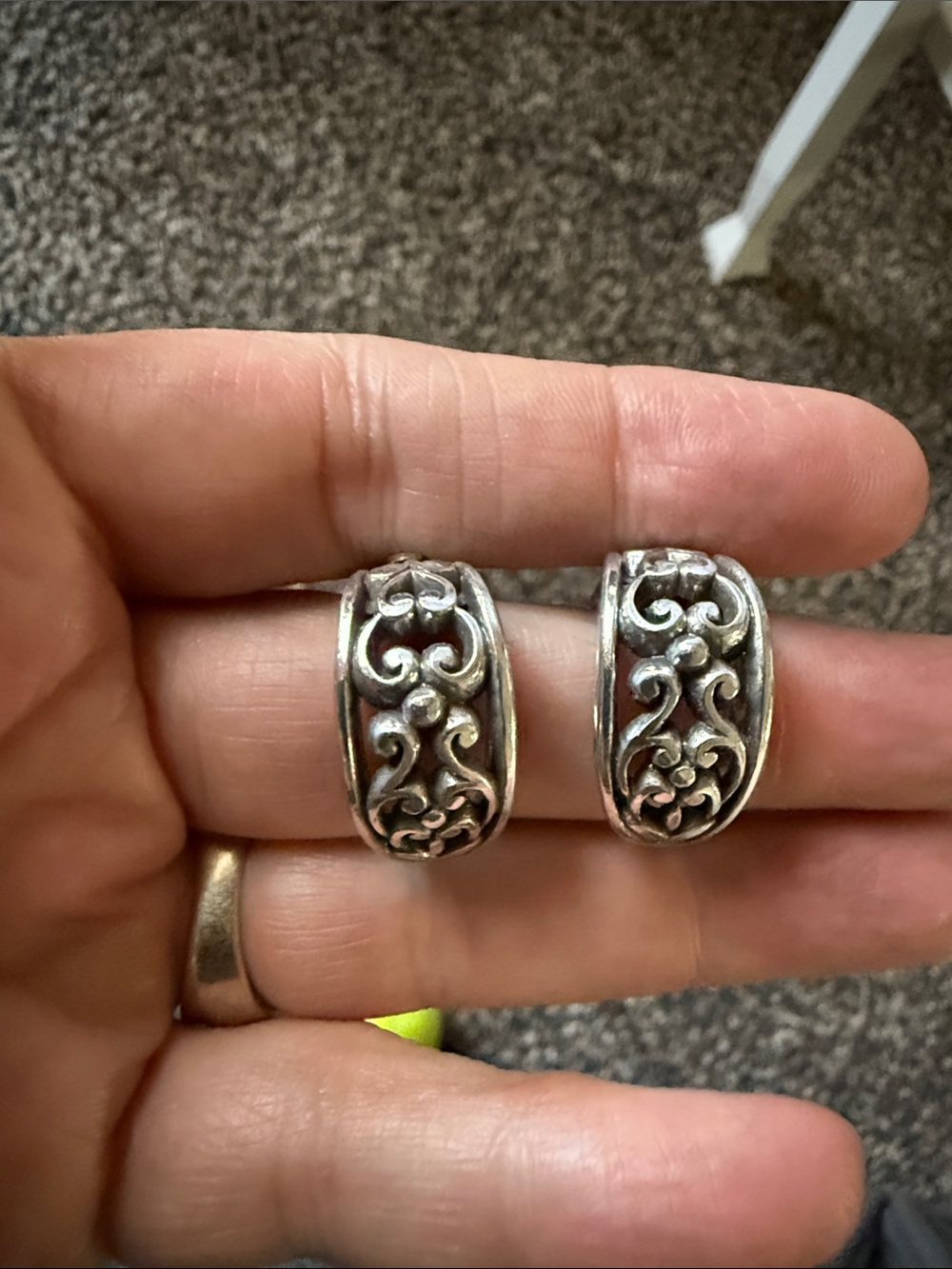 Sterling-Style Silver Filigree Hoop Earrings - Intricate Floral Design clip on